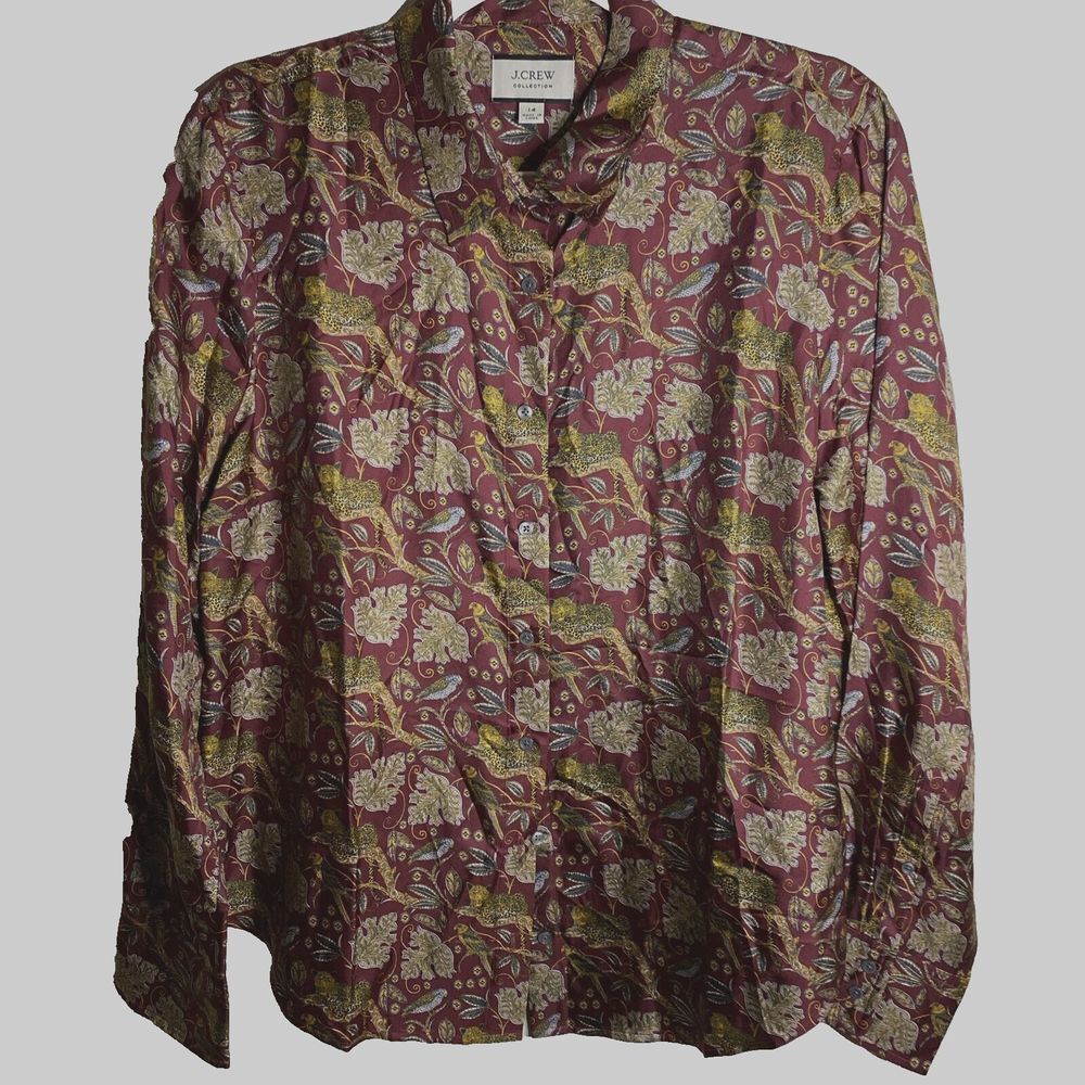 J Crew Top Womens 14 Floral Cheetah Bird Print 100% Silk Blouse Button Up Shirt